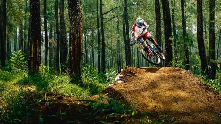 Biker catching air after jumping on a dirt track.